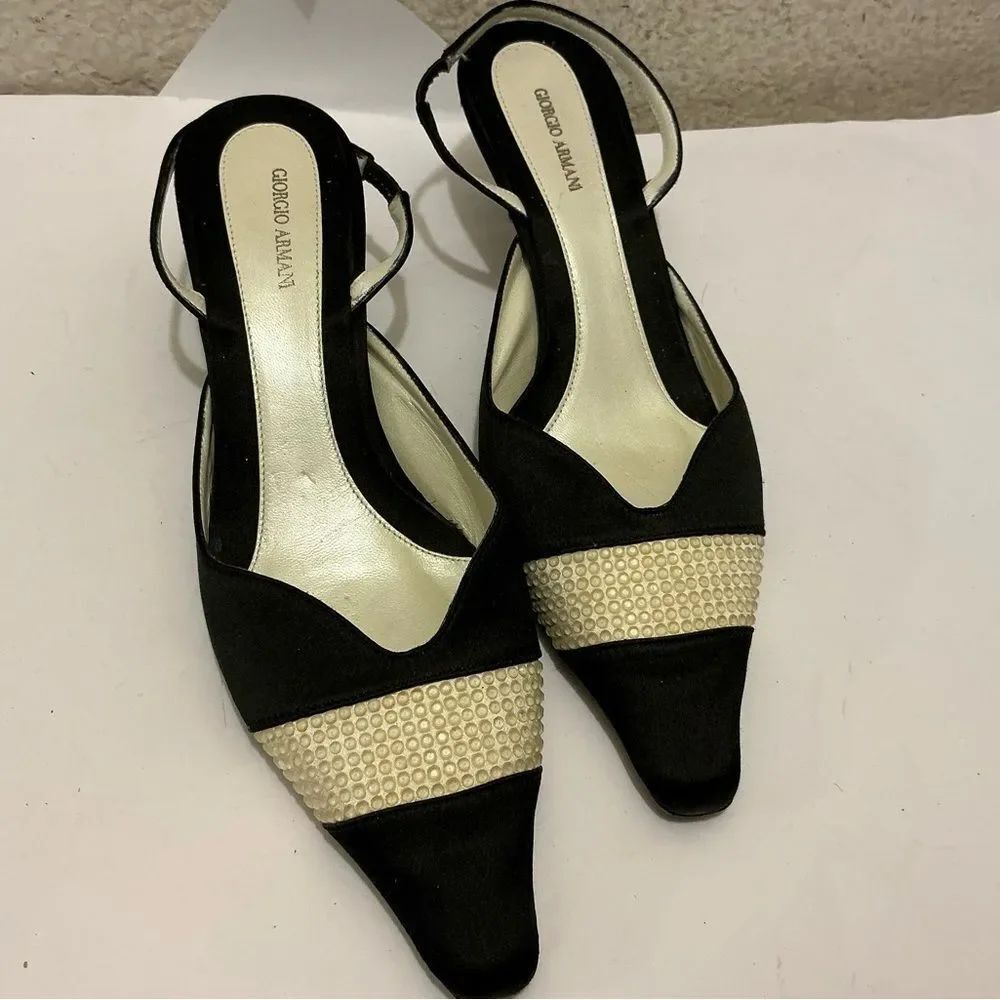 Giorgio Armani Black and Cream Heels crystal details size 37